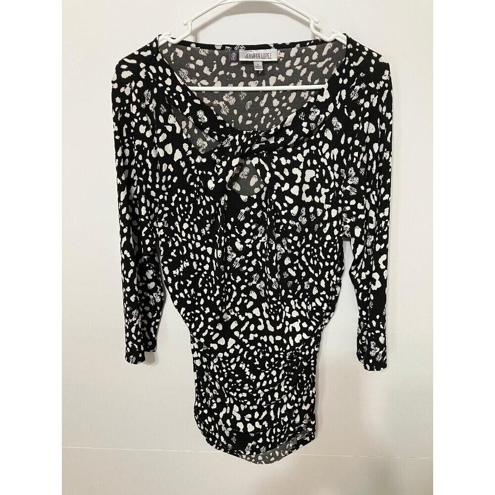 Jennifer Lopez JLO Womens Shirt Triple Keyhole Black White Leopard Paisley Large